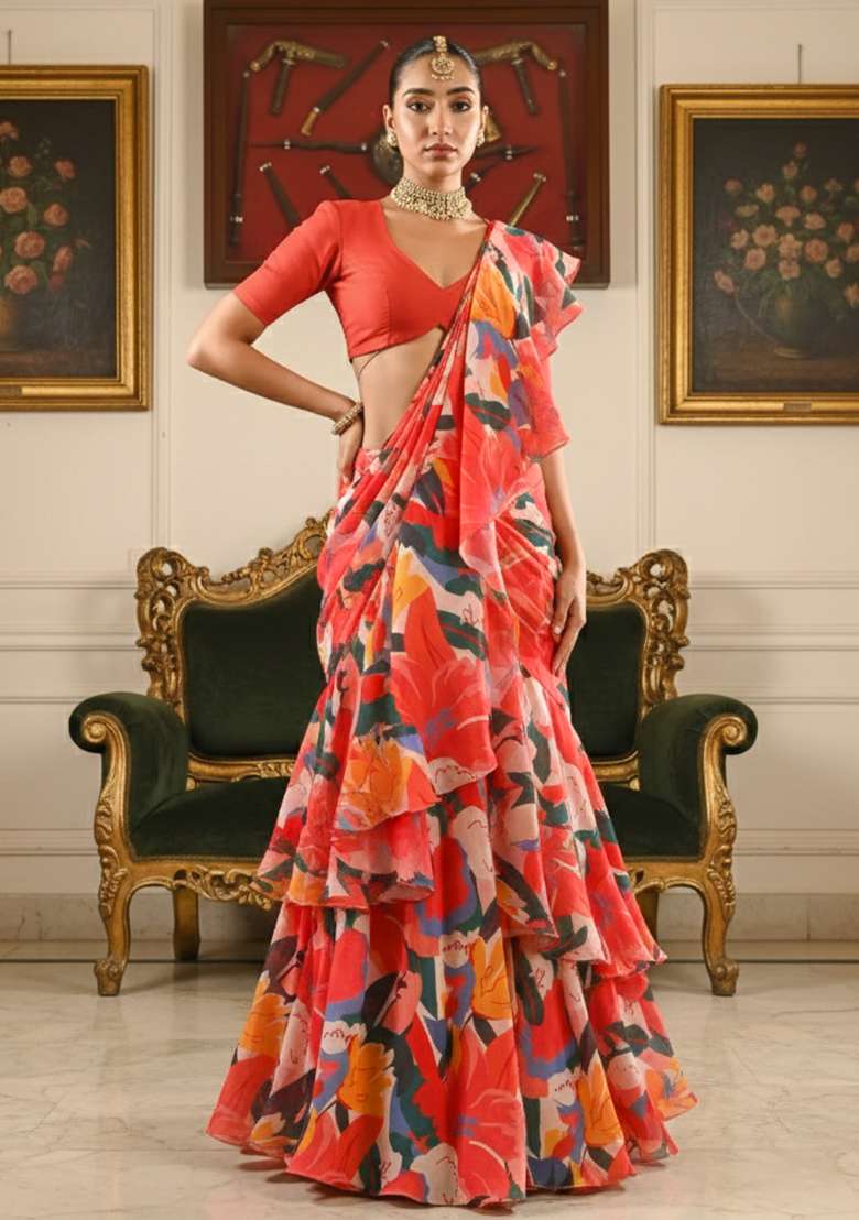 Orange Floral Print Satin Pre Draped Saree Set - Indya