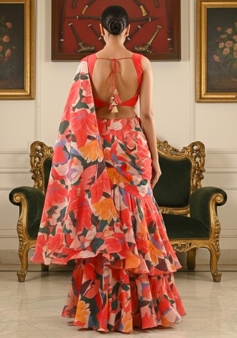 Orange Floral Print Satin Pre Draped Saree Set - Indya