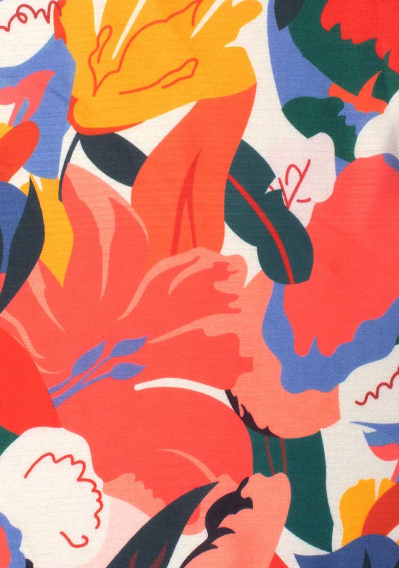 Orange Floral Print Satin Pre Draped Saree Set - Indya