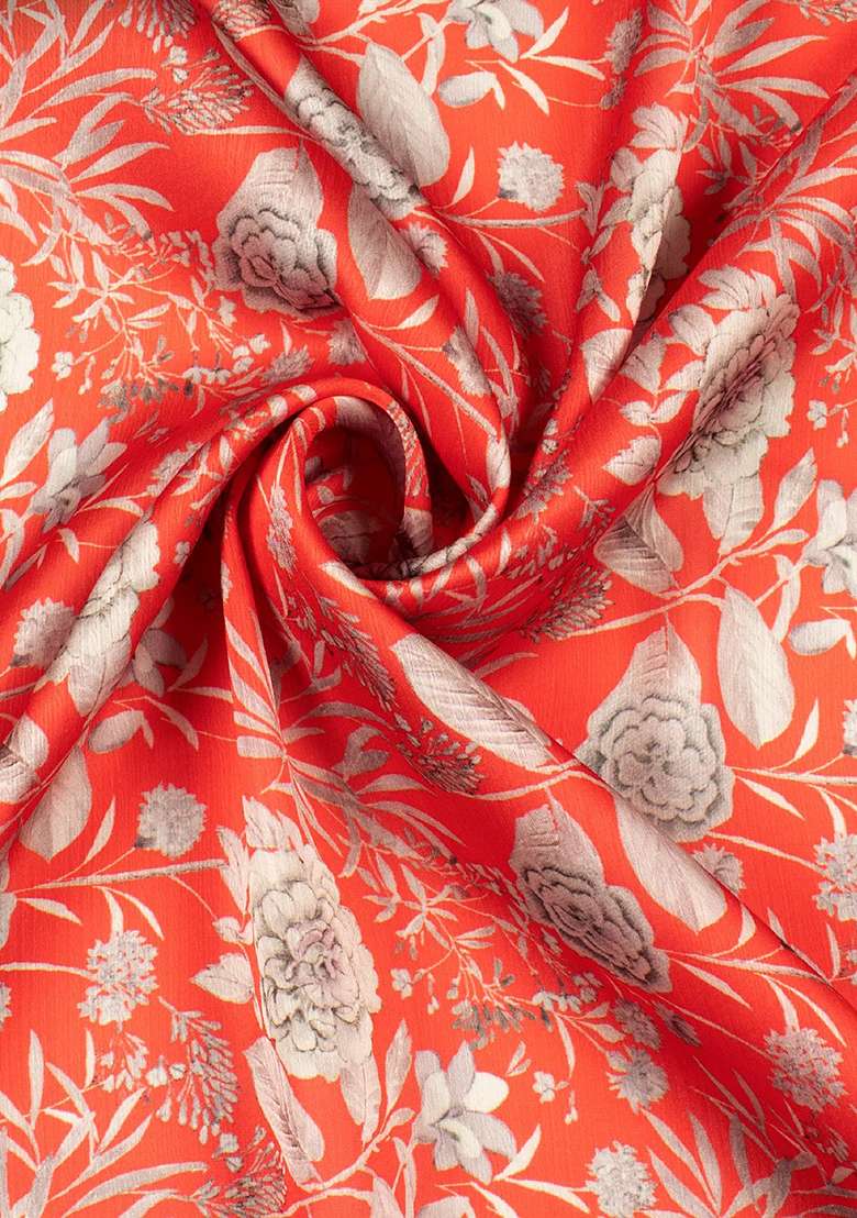 Orange Floral Print Satin Pre Draped Saree Set - Indya