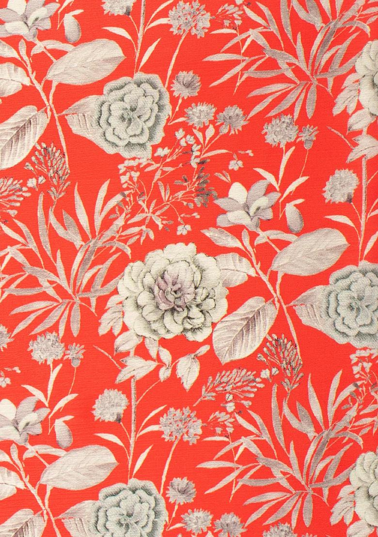 Orange Floral Print Satin Pre Draped Saree Set - Indya