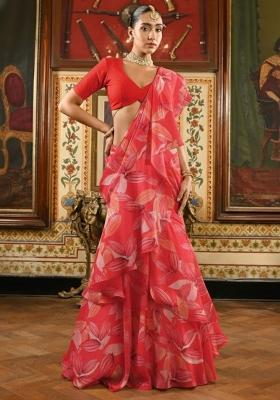Peach Floral Print Satin Pre Draped Saree Set