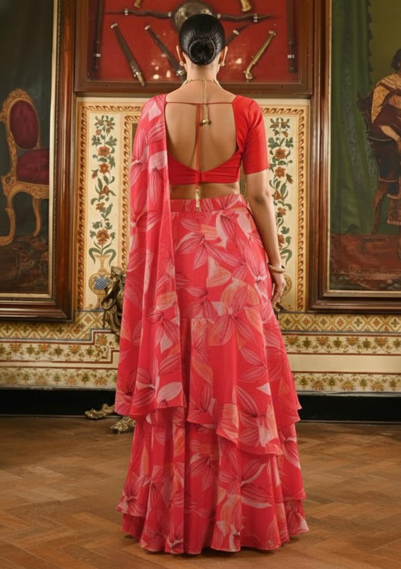 Peach Floral Print Satin Pre Draped Saree Set - Indya
