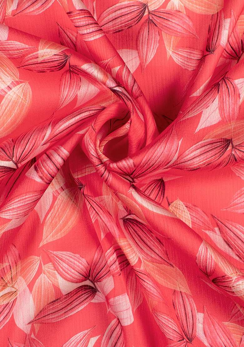 Peach Floral Print Satin Pre Draped Saree Set - Indya