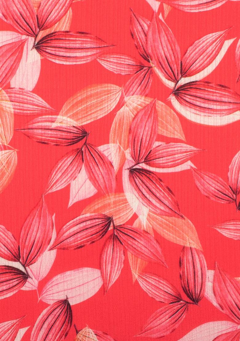 Peach Floral Print Satin Pre Draped Saree Set - Indya