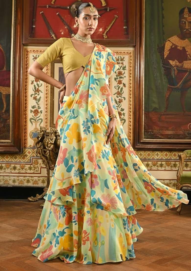 Pista Green Floral Print Satin Pre Draped Saree Set - Indya