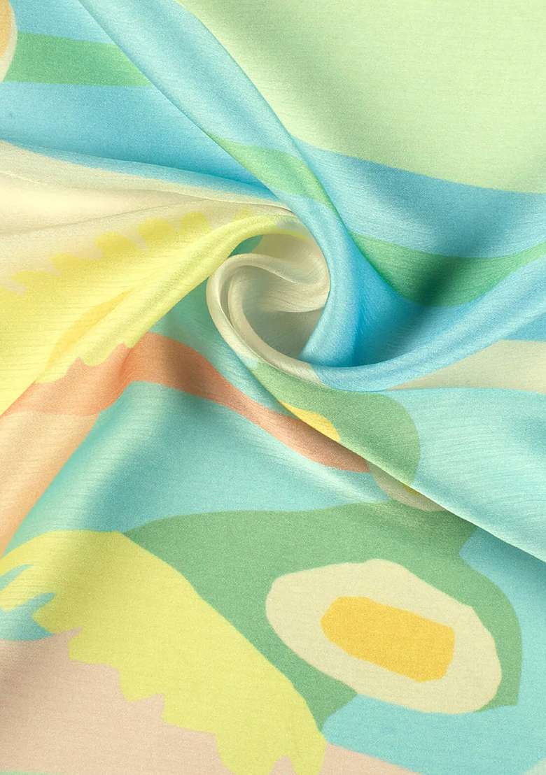 Pista Green Floral Print Satin Pre Draped Saree Set - Indya