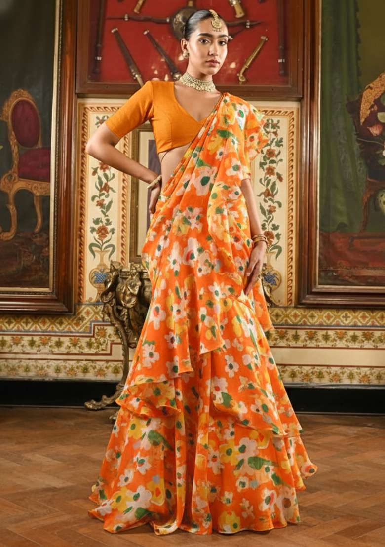 Orange Floral Print Satin Pre Draped Saree Set - Indya