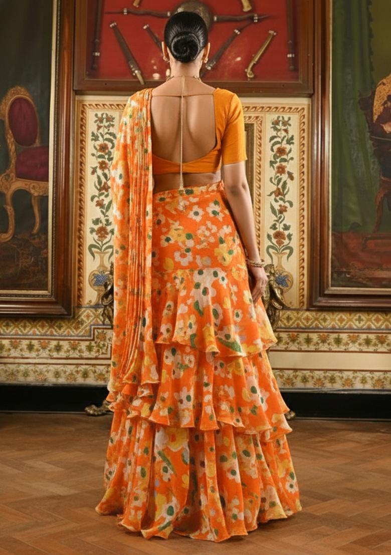 Orange Floral Print Satin Pre Draped Saree Set - Indya
