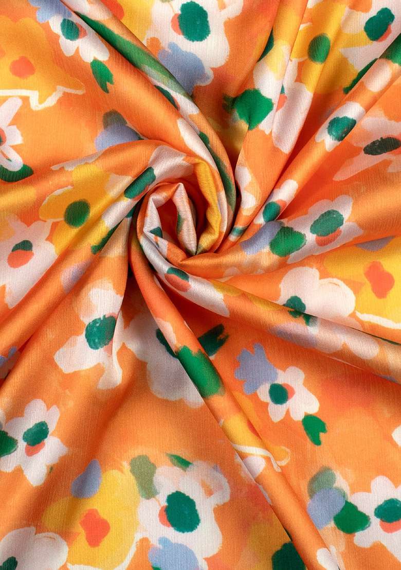 Orange Floral Print Satin Pre Draped Saree Set - Indya