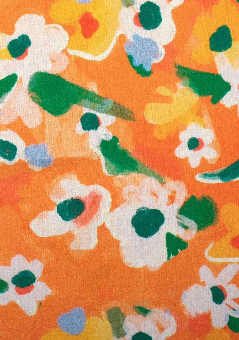 Orange Floral Print Satin Pre Draped Saree Set - Indya