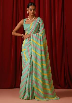 Mint Green Abstract Print Georgette Pre Draped Saree Set