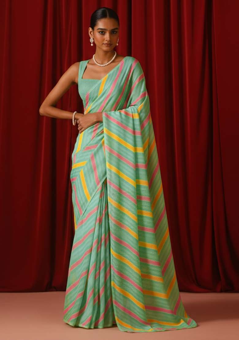 Mint Green Abstract Print Georgette Pre Draped Saree Set - Indya