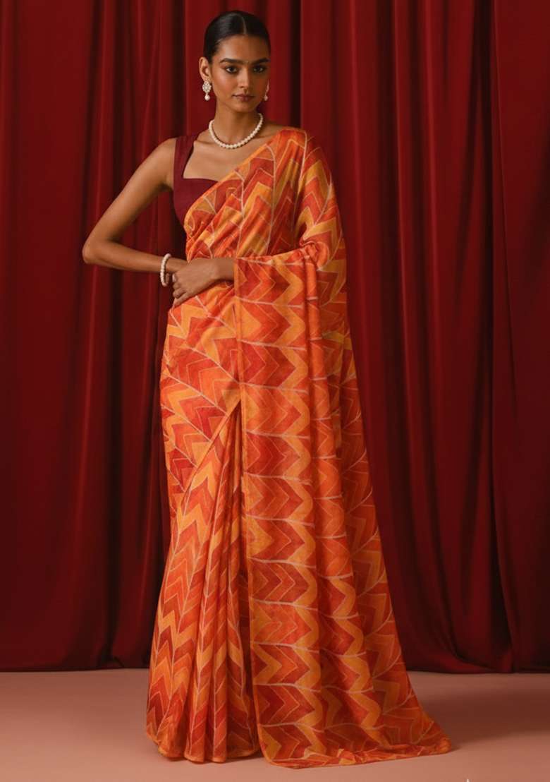 Orange Abstract Print Georgette Pre Draped Saree Set - Indya