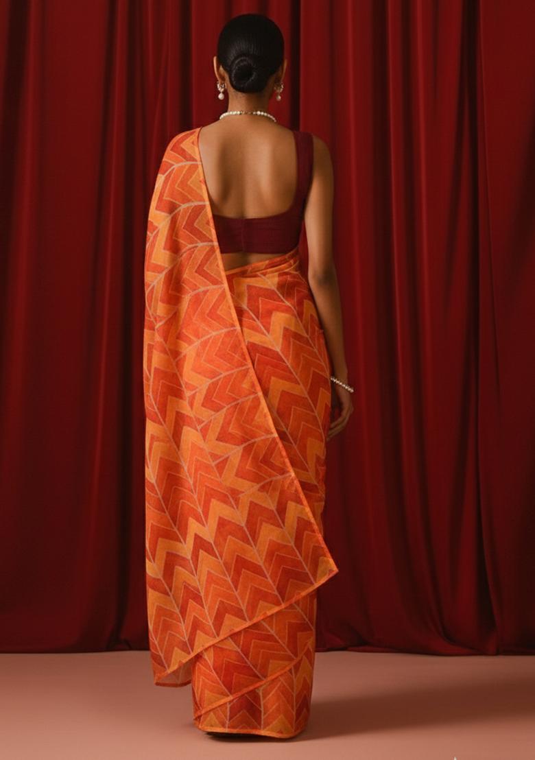 Orange Abstract Print Georgette Pre Draped Saree Set - Indya