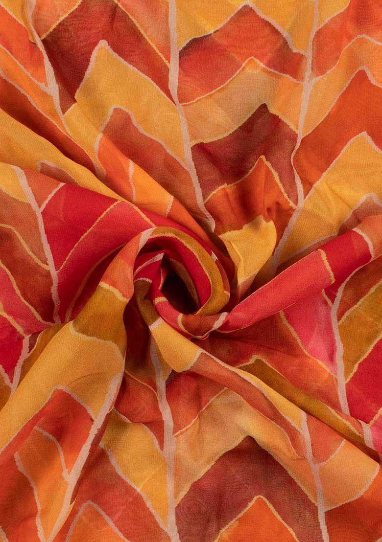 Orange Abstract Print Georgette Pre Draped Saree Set - Indya