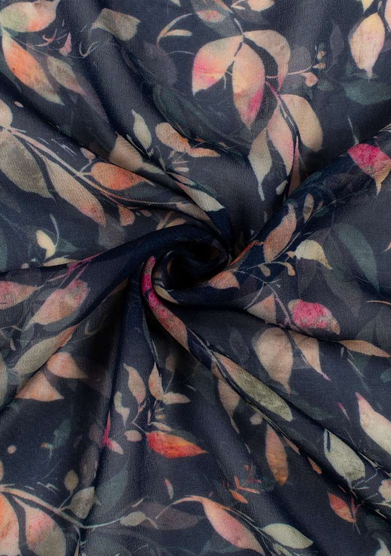 Navy Blue Floral Print Georgette Pre Draped Saree Set - Indya