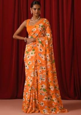 Orange Floral Print Satin Pre Draped Saree Set