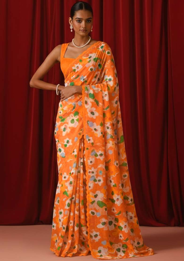 Orange Floral Print Satin Pre Draped Saree Set - Indya