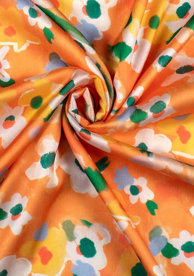 Orange Floral Print Satin Pre Draped Saree Set - Indya