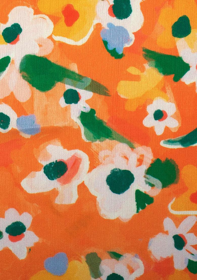 Orange Floral Print Satin Pre Draped Saree Set - Indya