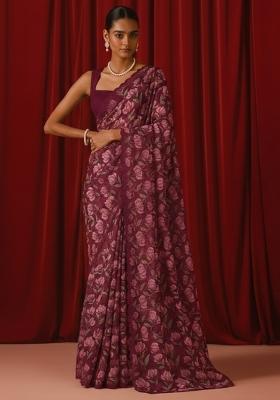 Deep Maroon Floral Print Georgette Pre Draped Saree Set