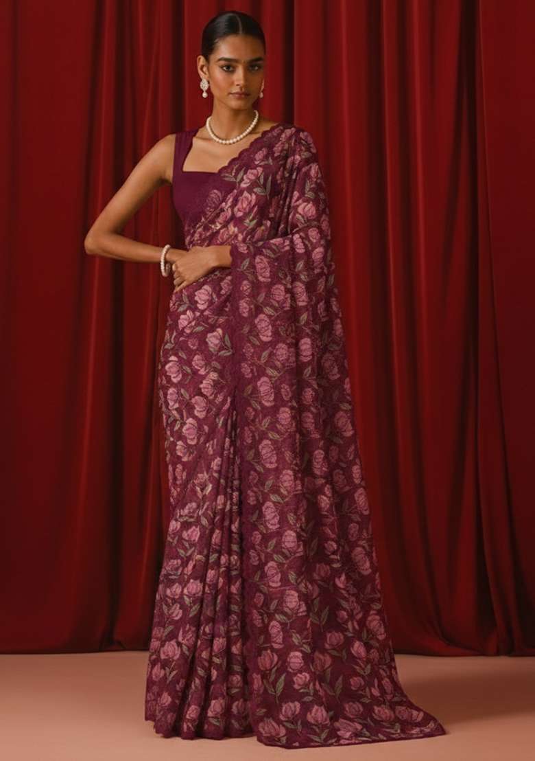 Deep Maroon Floral Print Georgette Pre Draped Saree Set - Indya