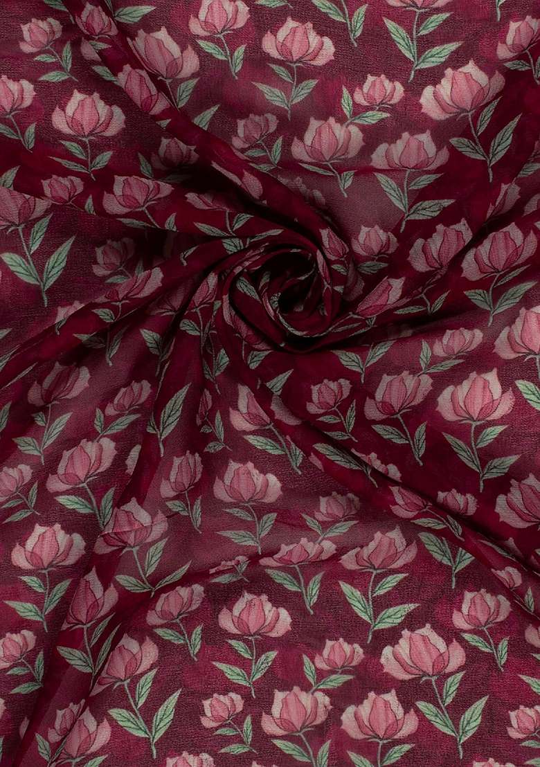 Deep Maroon Floral Print Georgette Pre Draped Saree Set - Indya