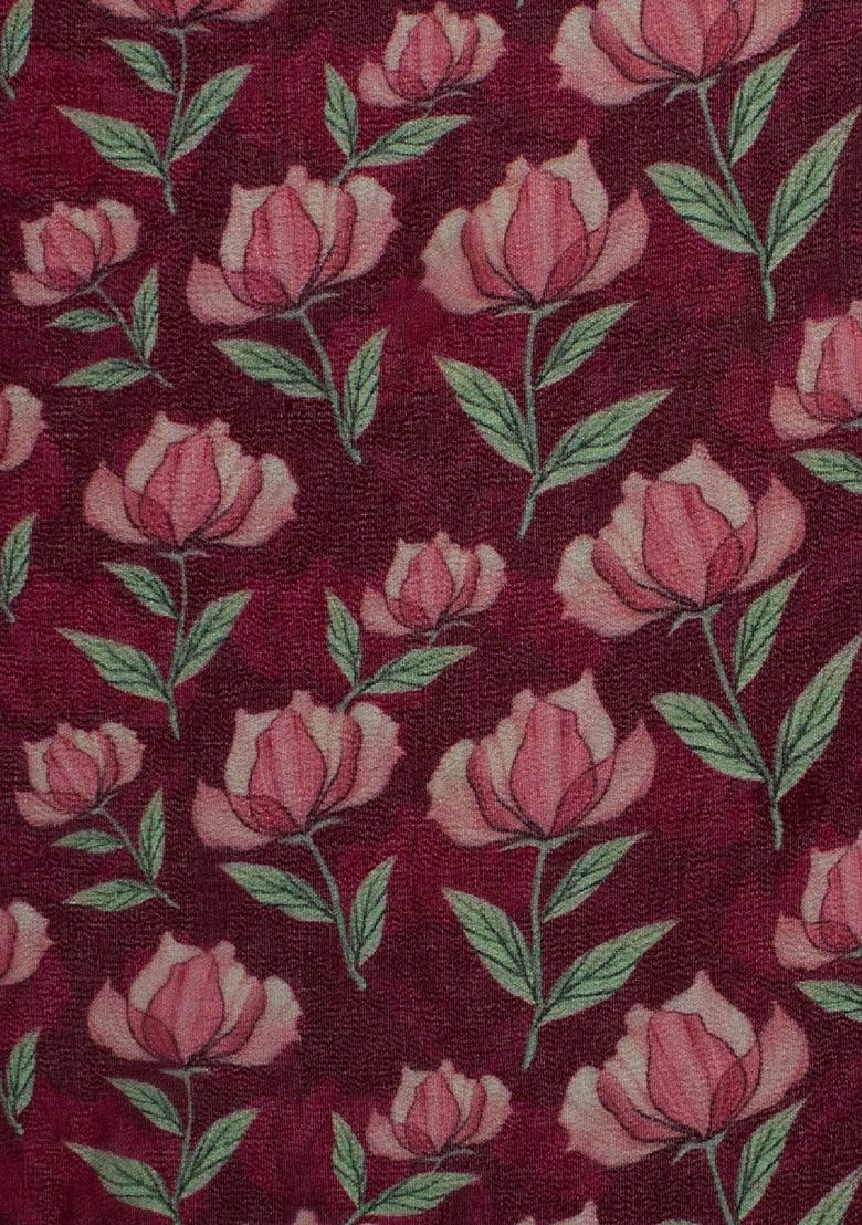 Deep Maroon Floral Print Georgette Pre Draped Saree Set - Indya