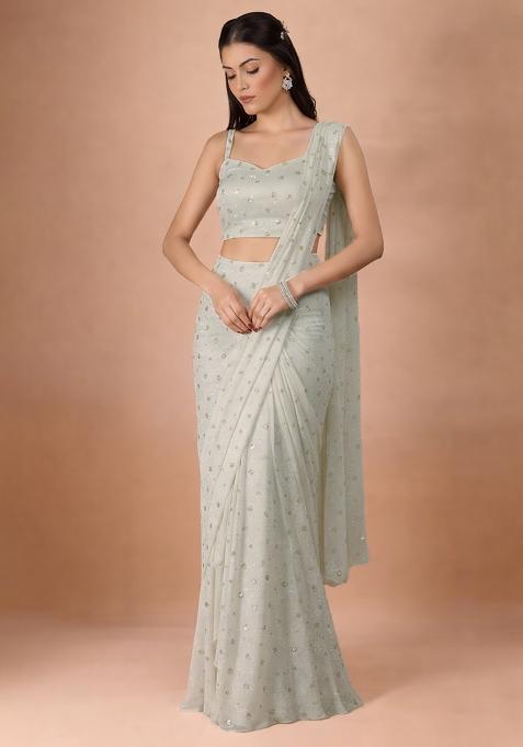 White Embellished Tissue Pre Draped Saree Set