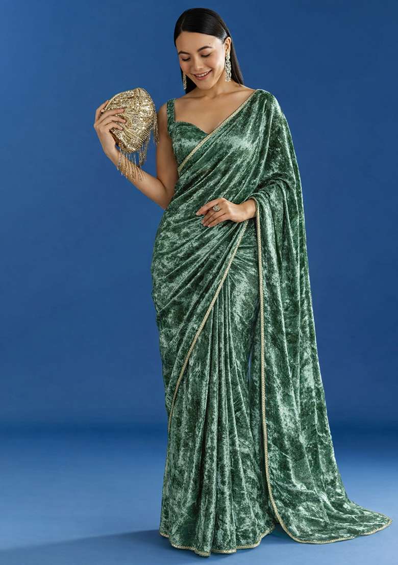 Bottle Green Solid Velvet Pre Draped Saree Set - Indya