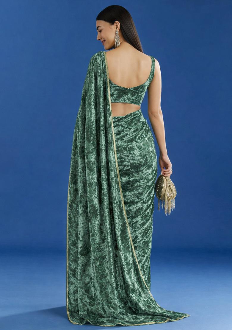 Bottle Green Solid Velvet Pre Draped Saree Set - Indya