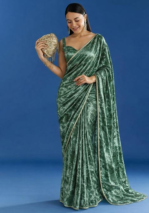 Bottle Green Solid Velvet Pre Draped Saree Set