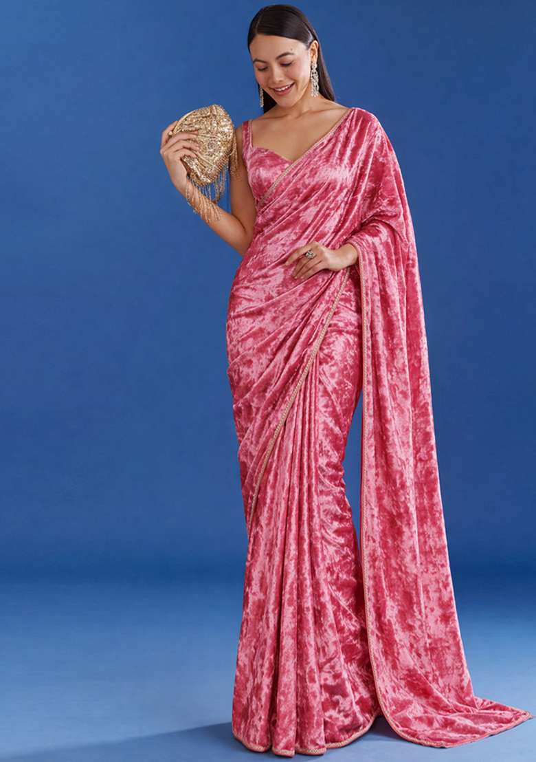 Pink Solid Velvet Pre Draped Saree Set - Indya