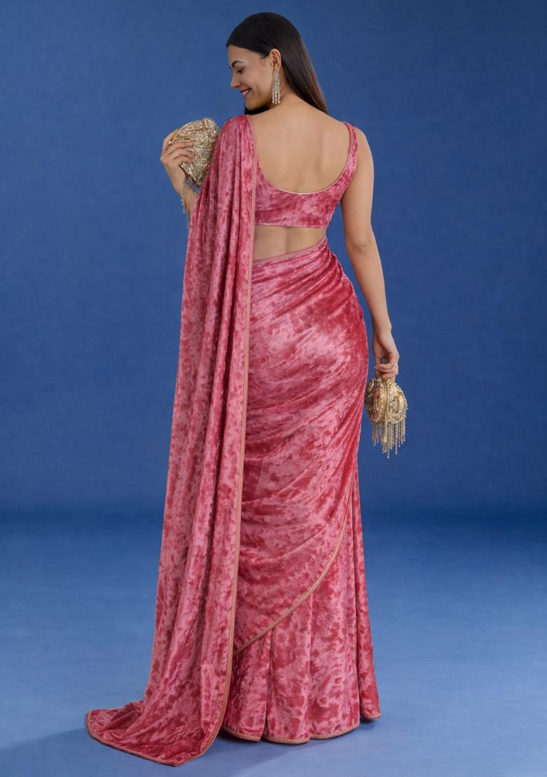 Pink Solid Velvet Pre Draped Saree Set - Indya