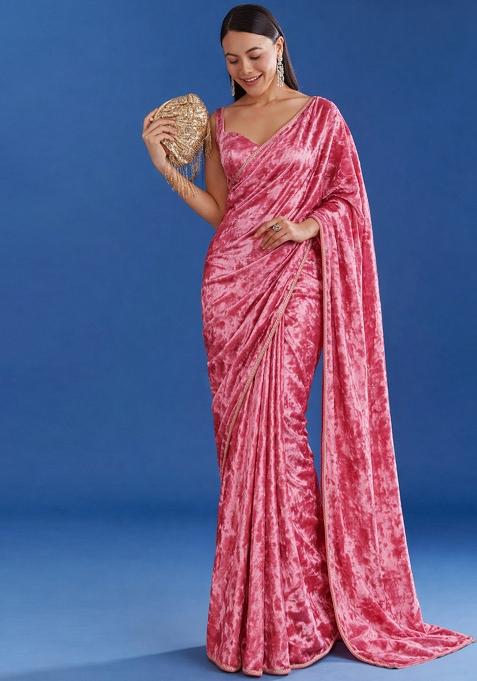 Pink Solid Velvet Pre Draped Saree Set