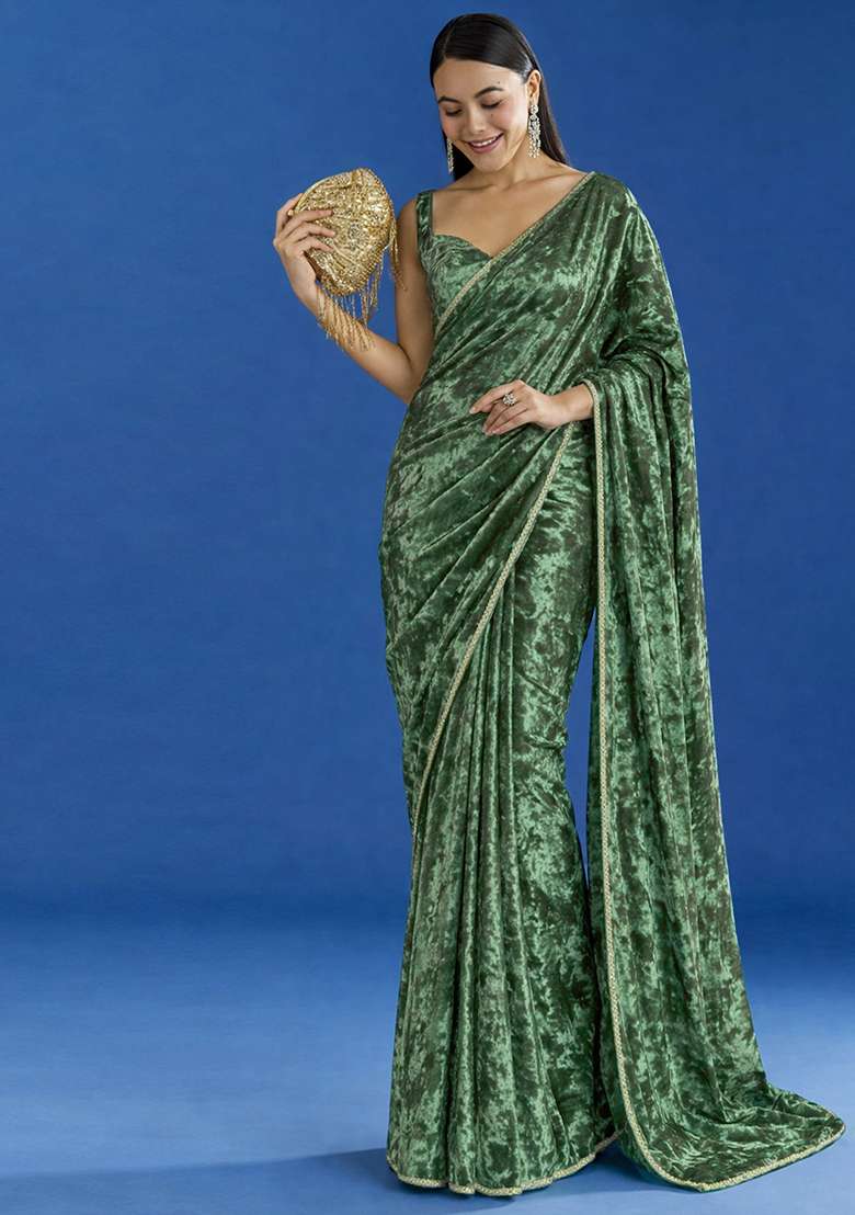 Bottle Green Solid Velvet Pre Draped Saree Set - Indya