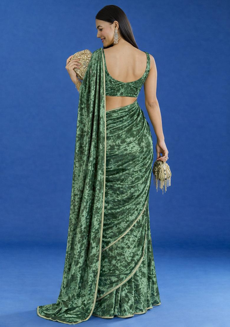 Bottle Green Solid Velvet Pre Draped Saree Set - Indya