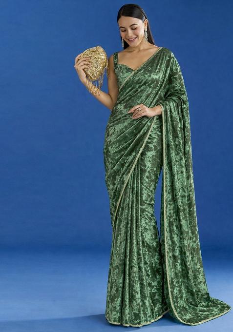 Bottle Green Solid Velvet Pre Draped Saree Set