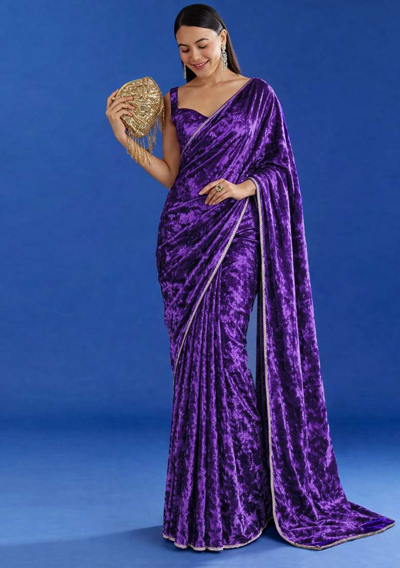 Navy Blue Solid Velvet Pre Draped Saree Set - Indya