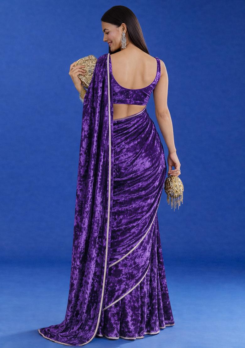 Navy Blue Solid Velvet Pre Draped Saree Set - Indya