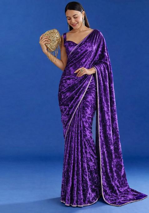 Navy Blue Solid Velvet Pre Draped Saree Set
