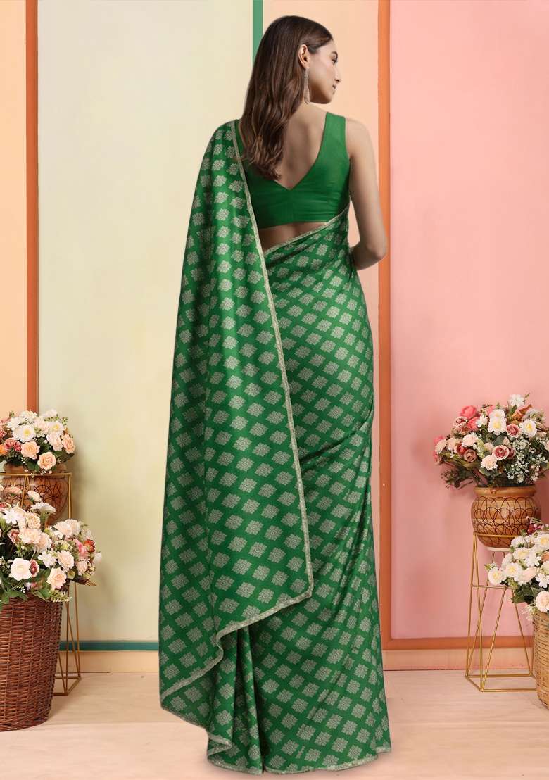 Green Brocade Pre Draped Saree Set for Diwali | Wedding & Festive Wear - Indya