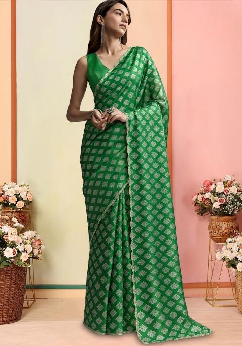 Green Brocade Pre Draped Saree Set
