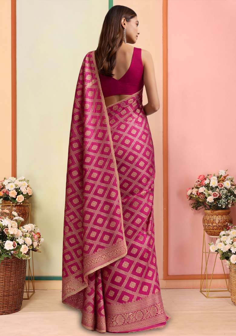 Rani Pink Silk Pre Draped Saree Set for Diwali and Festive Wear - Indya