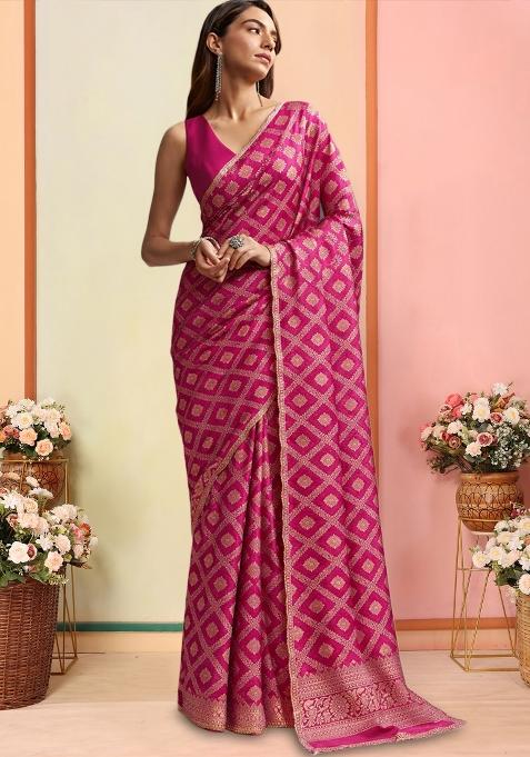 Rani Pink Silk Pre Draped Saree Set