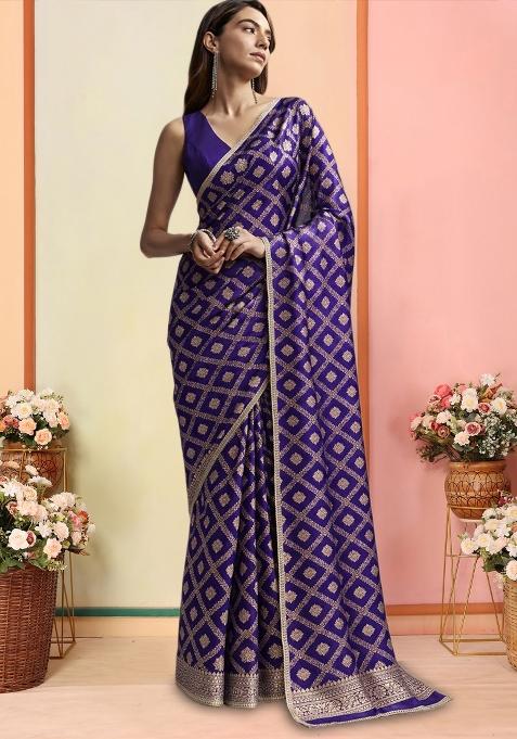 Purple Silk Pre Draped Saree Set