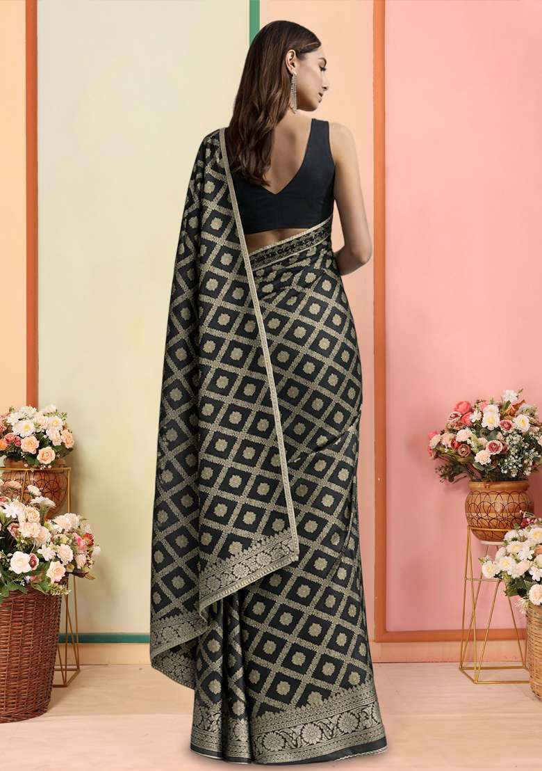 Black Silk Pre Draped Saree Set for Diwali and Festive Wear - Indya