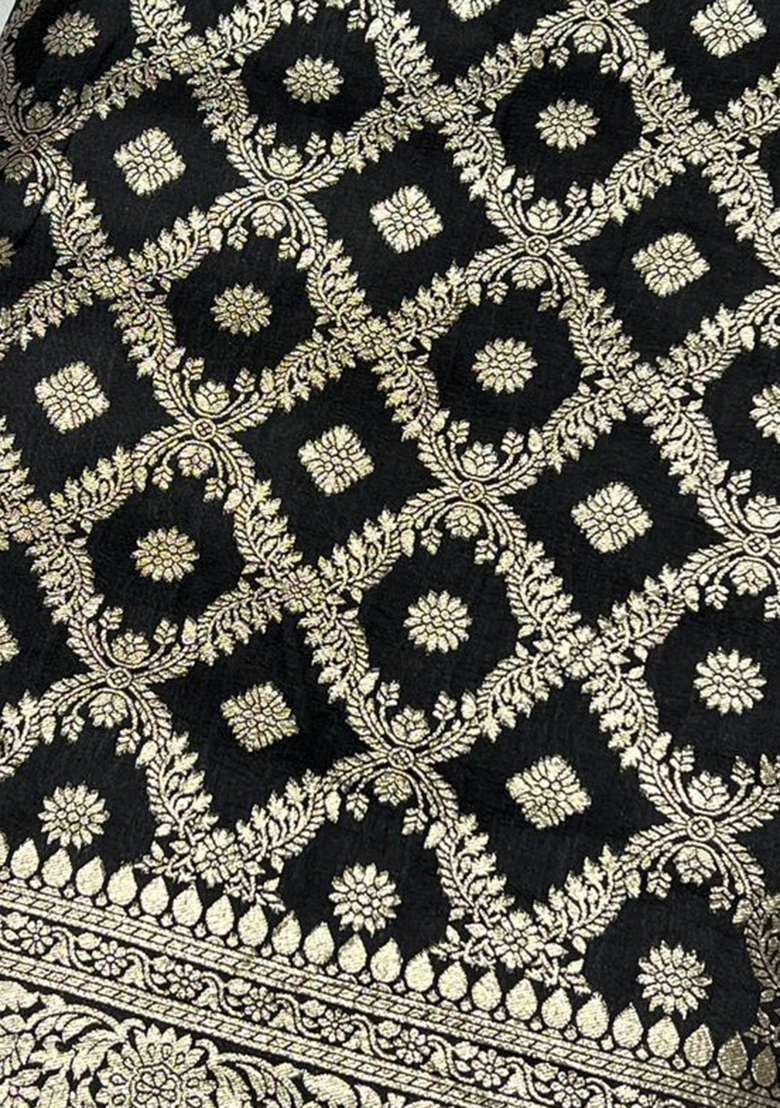 Black Silk Pre Draped Saree Set for Diwali and Festive Wear - Indya
