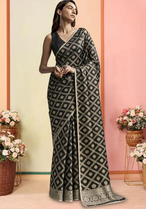Black Silk Pre Draped Saree Set